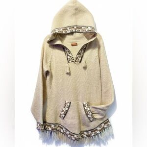 Scully Cream Hooded Poncho with Fringe Trim